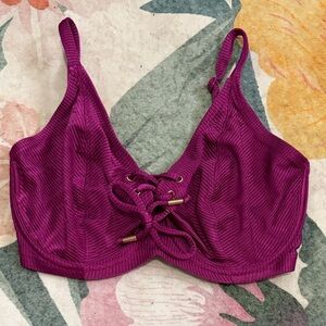 Ribbed Lace-Up Bikini Top — Magenta 32G